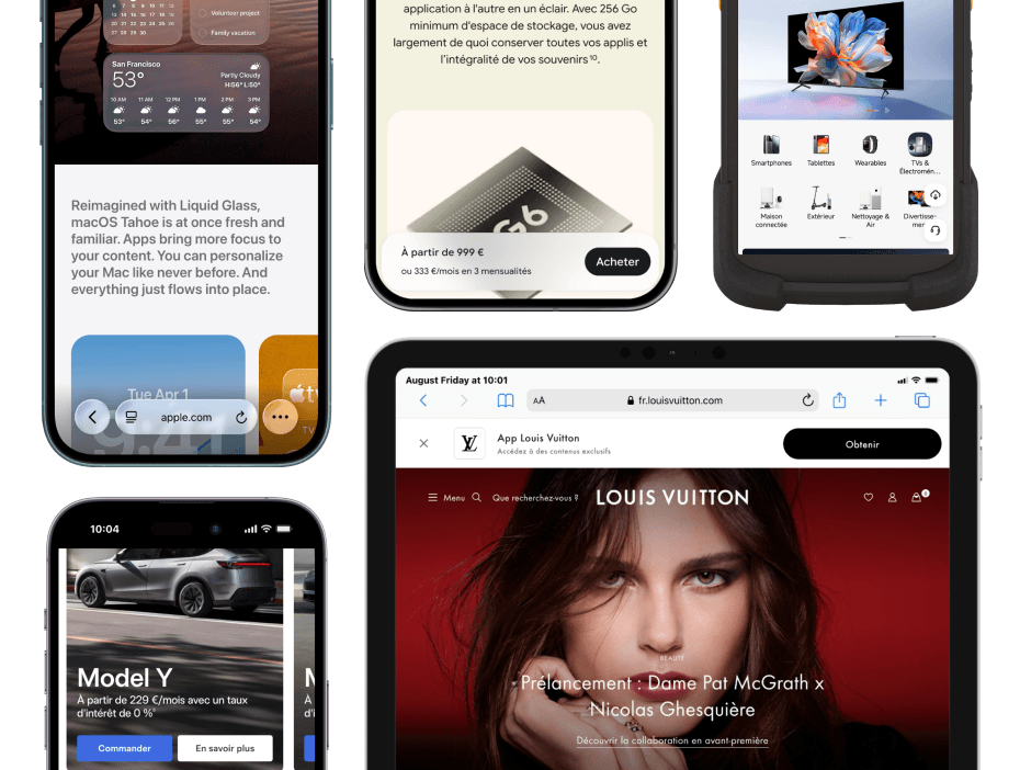 iPhone、Pixel、iPad、およびAndroidスマートフォンがそれぞれMobile FIRSTシミュレーターでウェブサイトを表示