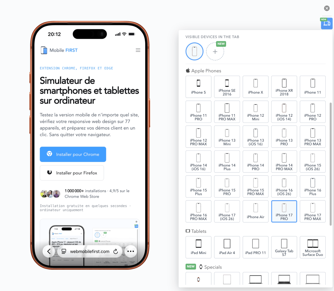 在 Mobile FIRST 模拟器中显示移动版网站的 iPhone，带有 Safari iOS 导航栏