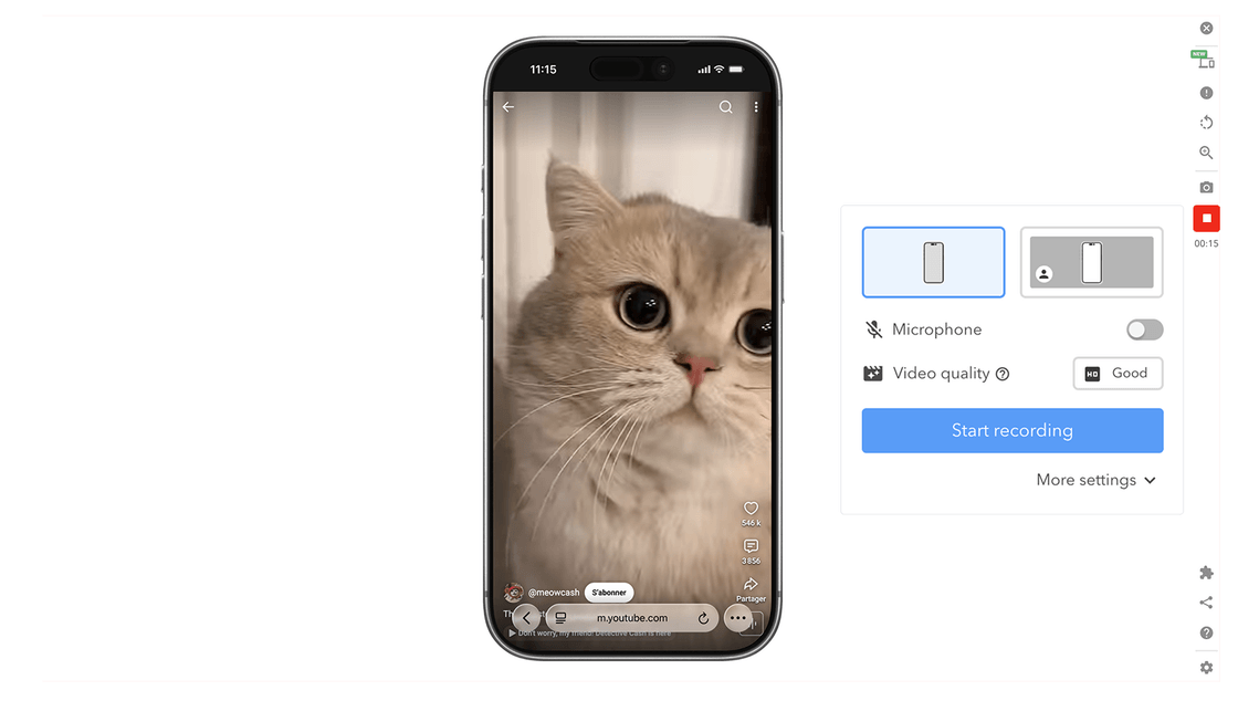 Panneau d'enregistrement vidéo de Mobile FIRST : cadrage, microphone, qualité vidéo et bouton de démarrage