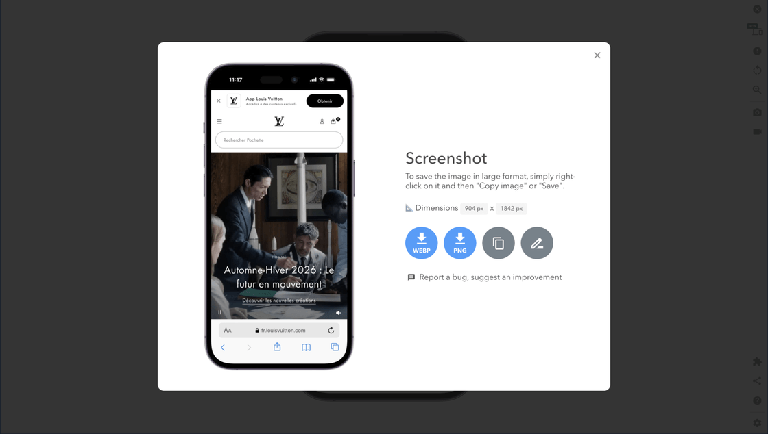 Capture d'écran exportée depuis Mobile FIRST, avec ses dimensions et les téléchargements WEBP et PNG