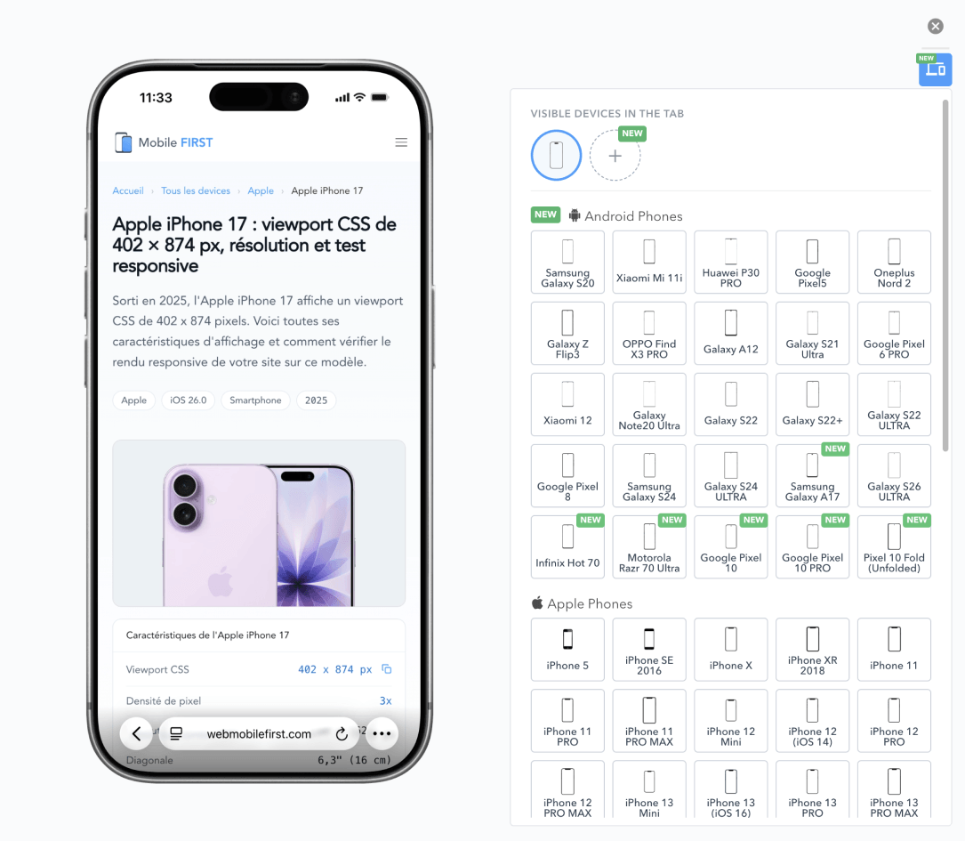 Le simulateur Mobile FIRST ouvert dans Chrome : un smartphone affichant un site en version mobile, et le panneau de sélection des appareils Android et Apple