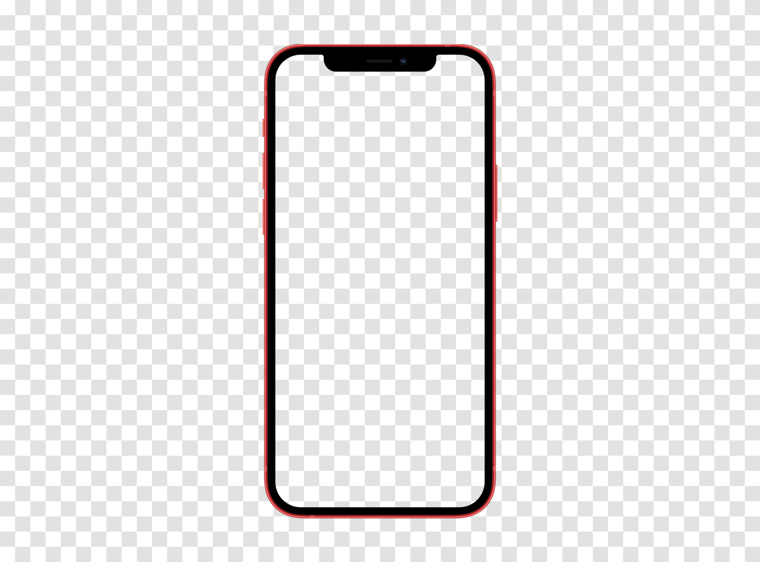 正面から見たApple iPhone 12モックアップ、空の画面と透明な背景、透明性を示すチェッカーボード上
