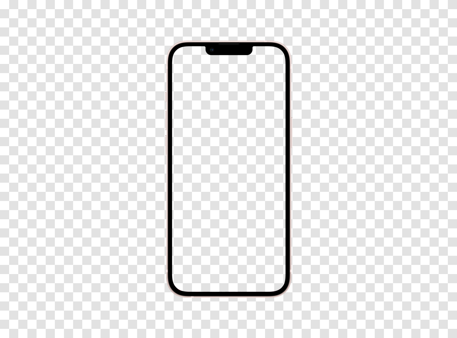 正面から見たApple iPhone 13 Miniモックアップ、空の画面と透明な背景、透明性を示すチェッカーボード上
