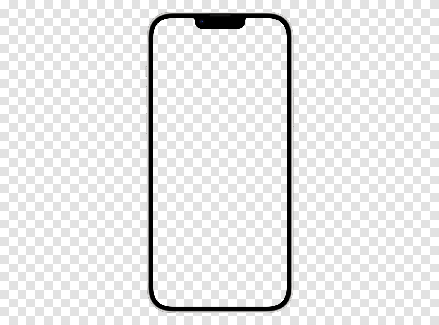 正面から見たApple iPhone 14 Plusモックアップ、空の画面と透明な背景、透明性を示すチェッカーボード上