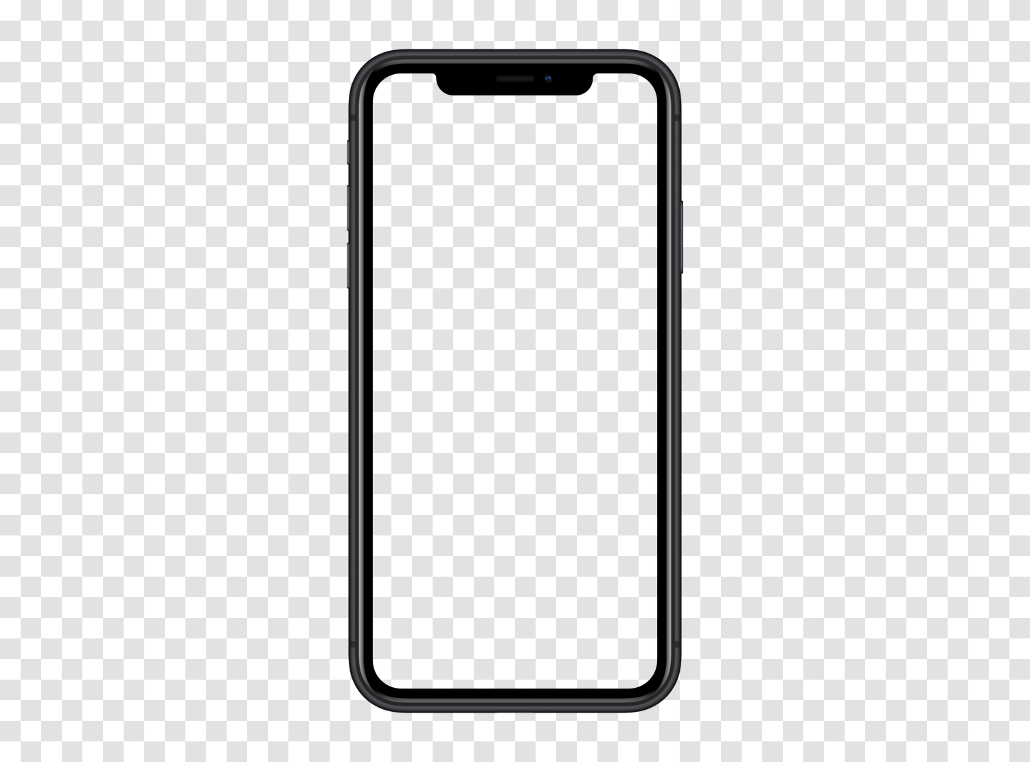 Mockup Apple iPhone XR visto de frente, pantalla vacía y fondo transparente, sobre un tablero que indica la transparencia