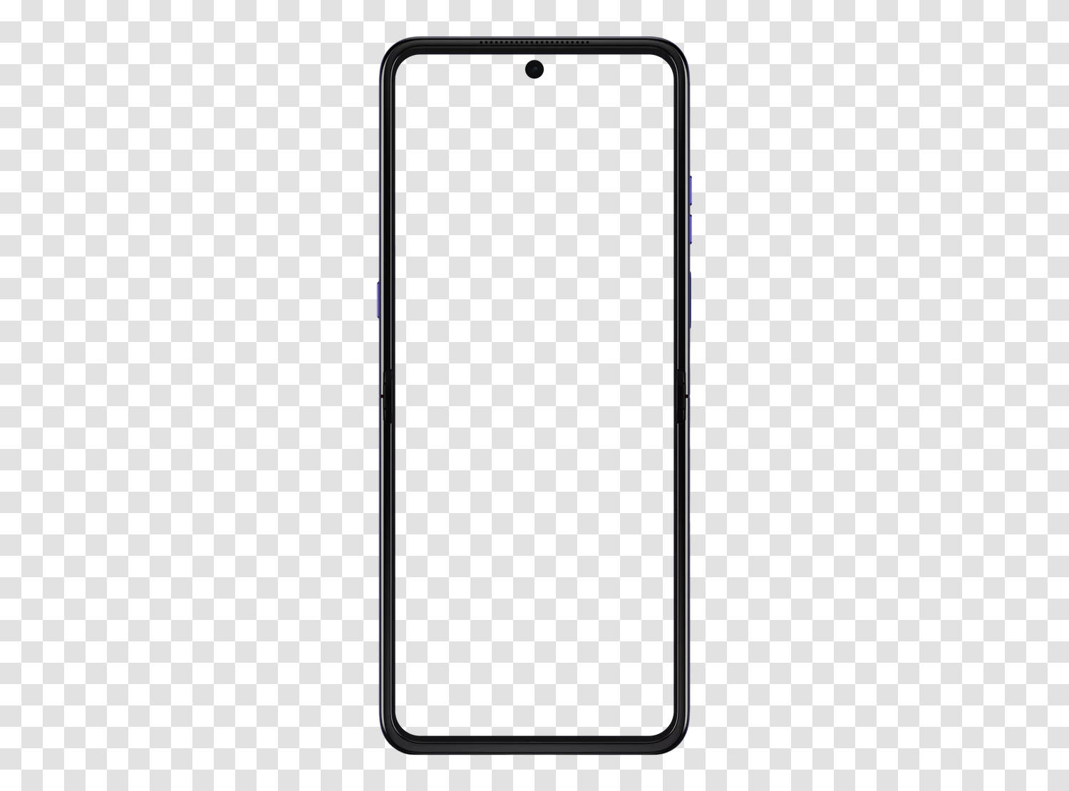 正面から見たMotorola Razr 70 Ultraモックアップ、空の画面と透明な背景、透明性を示すチェッカーボード上