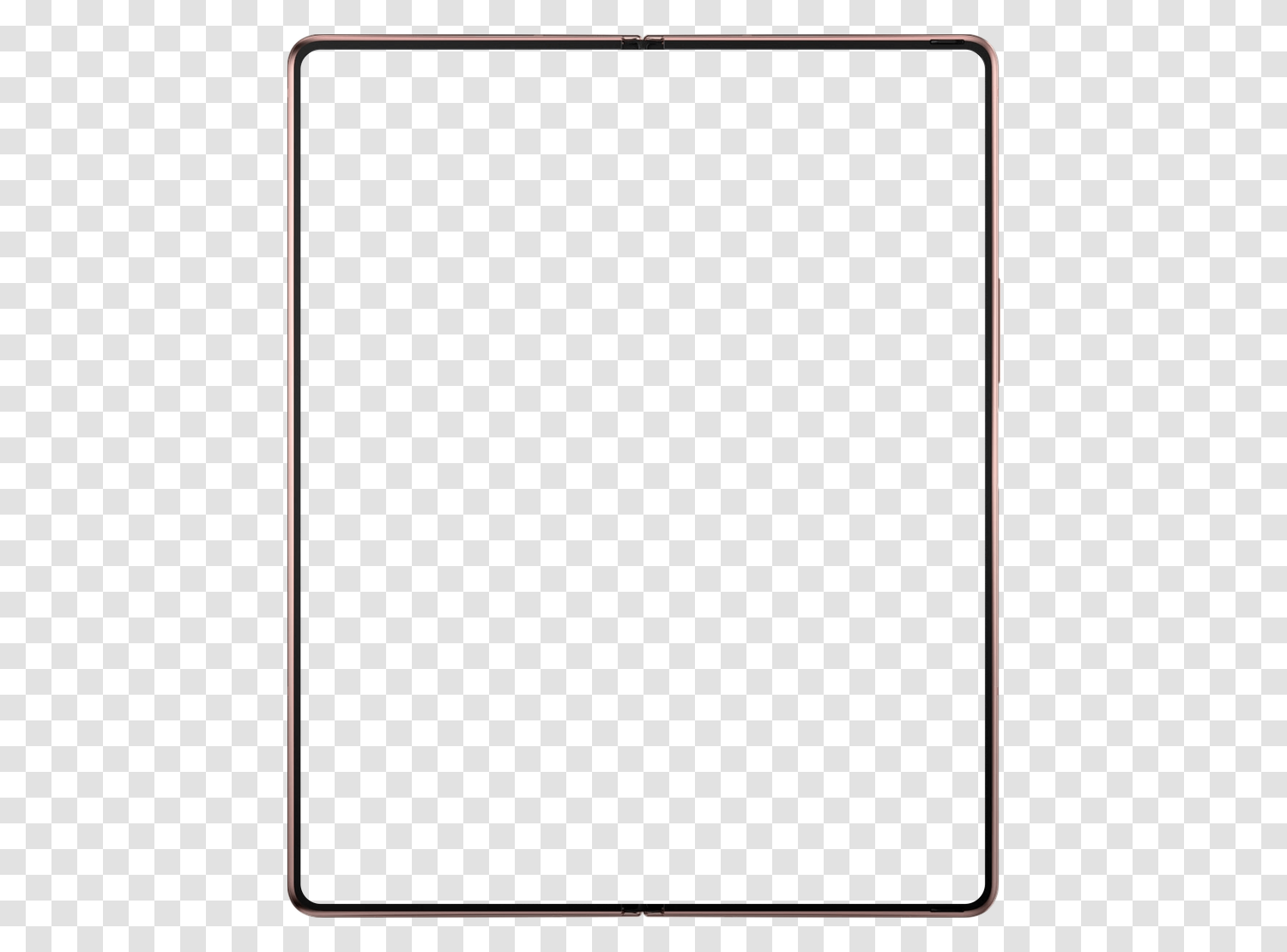 Mockup du Samsung Galaxy Z Fold 2 vu de face, écran vide et fond transparent, sur un damier indiquant la transparence