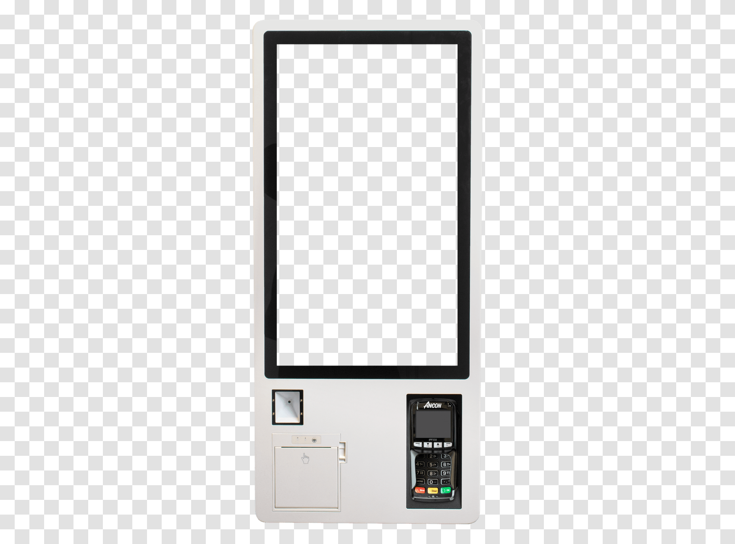 Mockup du Self service kiosk vu de face, écran vide et fond transparent, sur un damier indiquant la transparence